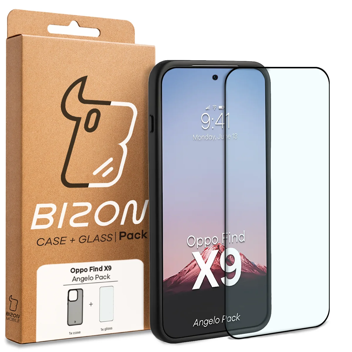 Przód pudełka Bizon Case Angelo Pack z dedykowaną etykietą do Oppo Find X9