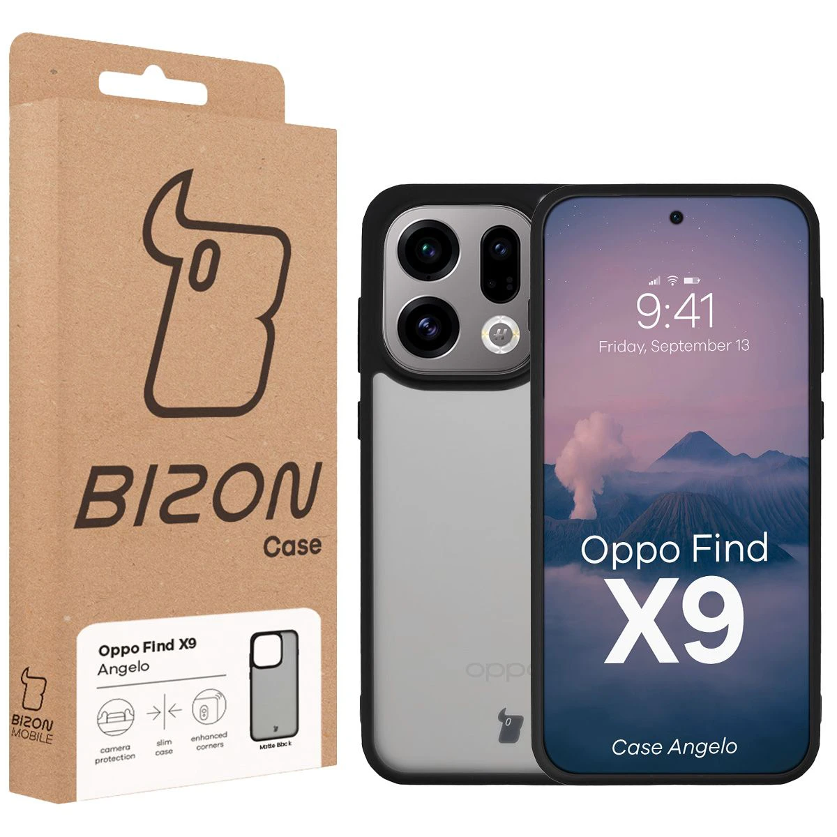 Front of the Bison Case box with a dedicated label for Oppo Find X9