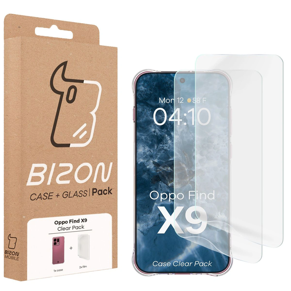 Front of the Bizon Case+Glass box with dedicated label for Oppo Find X9