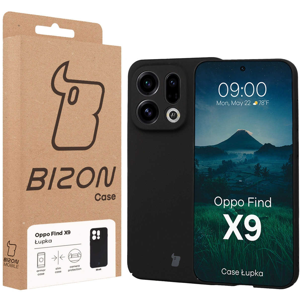 Przód pudełka Bizon Case z dedykowaną etykietą do Oppo Find X9