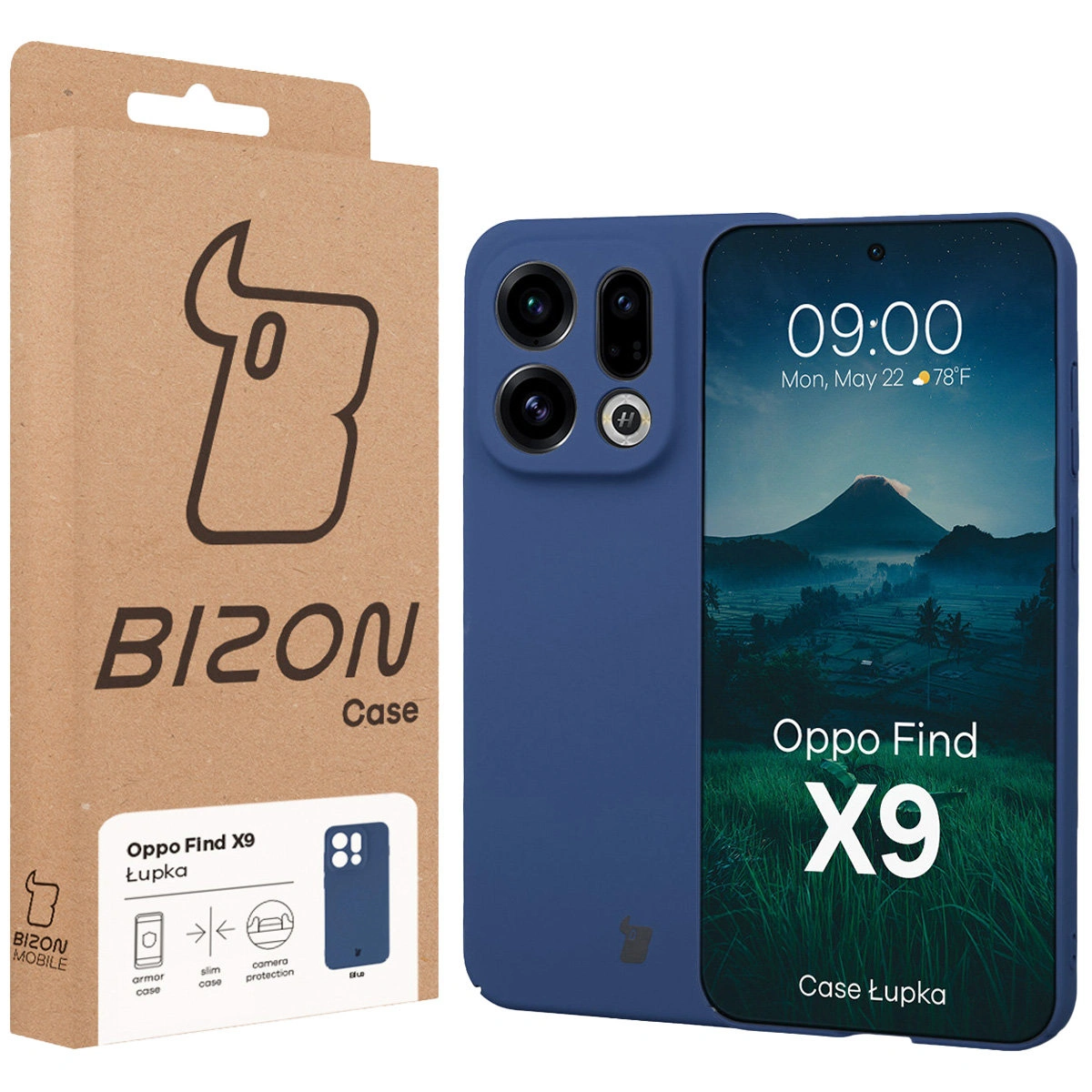 Przód pudełka Bizon Case z dedykowaną etykietą do Oppo Find X9