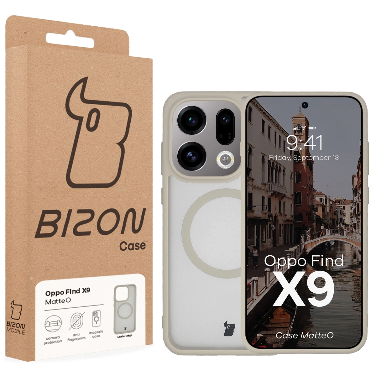 Front of the Bizon Case box with a dedicated label for Oppo Find X9