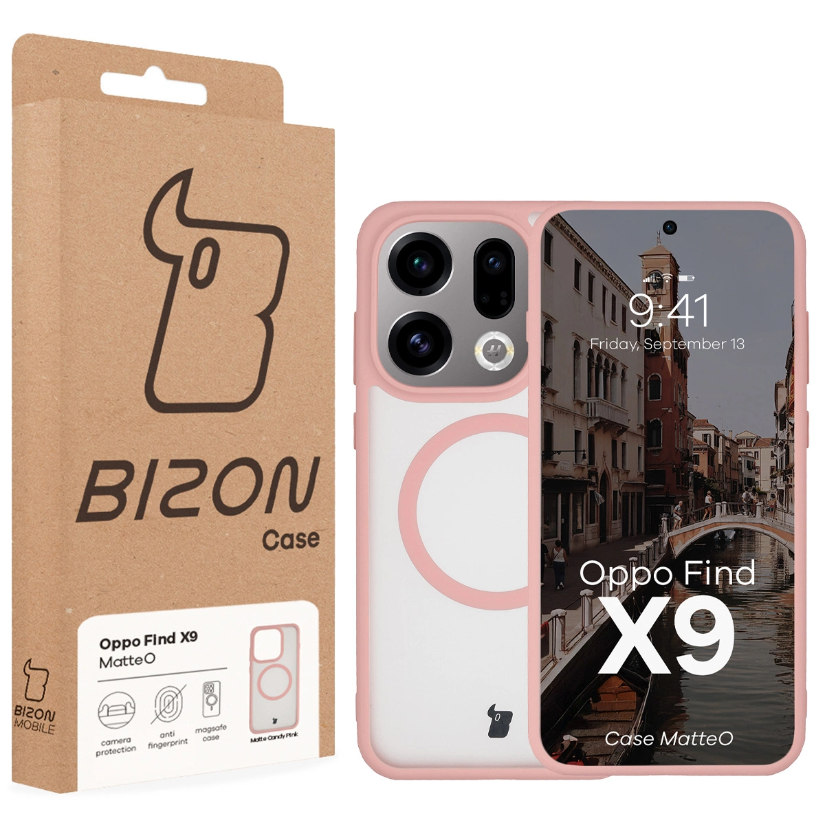 Przód pudełka Bizon Case z dedykowaną etykietą do Oppo Find X9