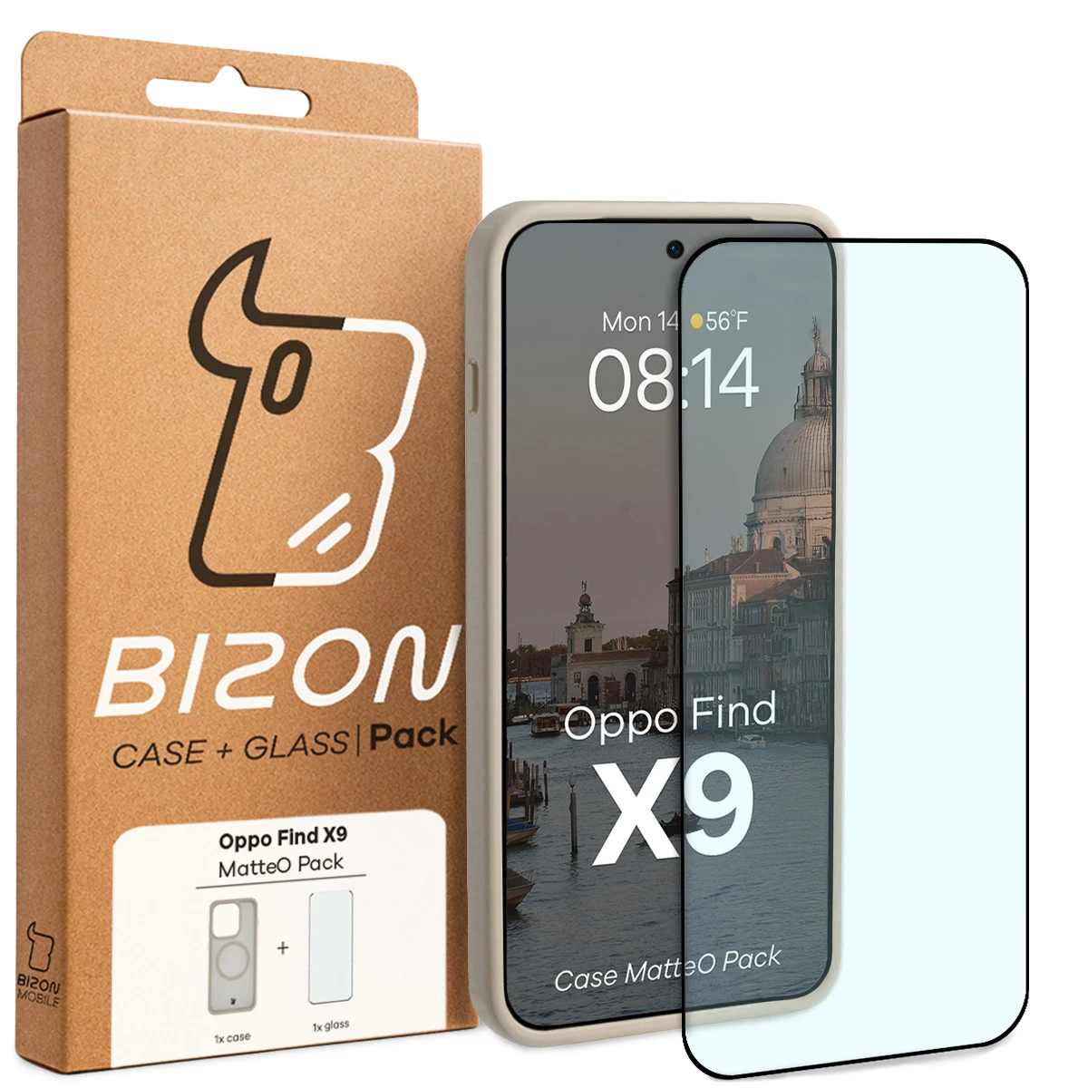 Przód pudełka Bizon Case Matteo Pack z dedykowaną etykietą do Oppo Find X9