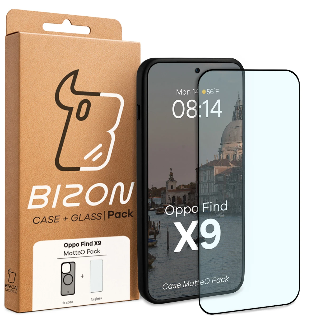 Przód pudełka Bizon Case Matteo Pack z dedykowaną etykietą do Oppo Find X9