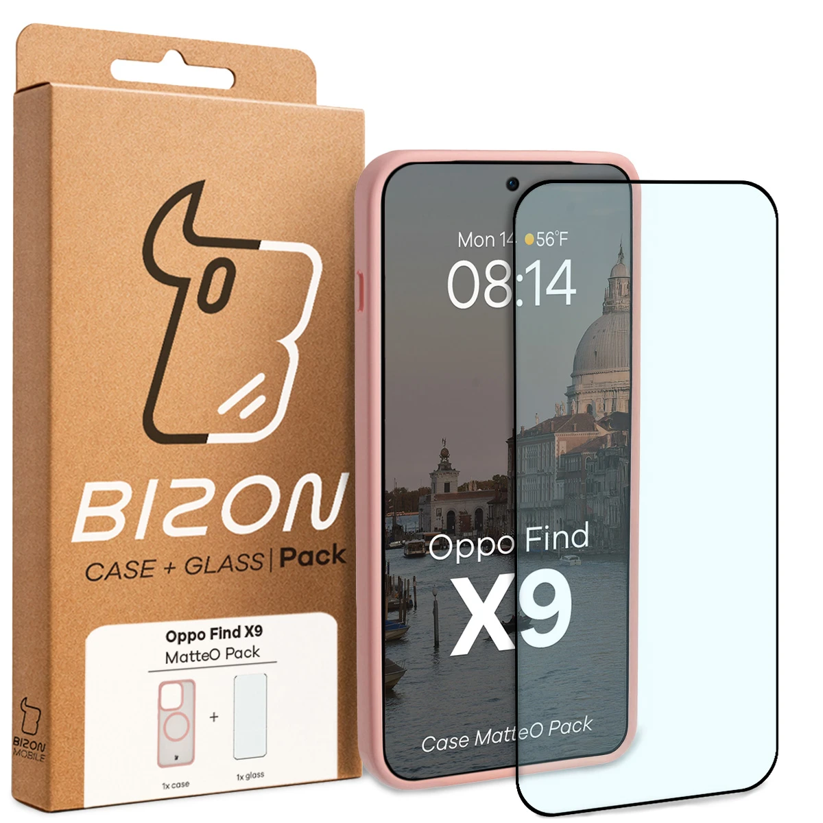 Przód pudełka Bizon Case Matteo Pack z dedykowaną etykietą do Oppo Find X9