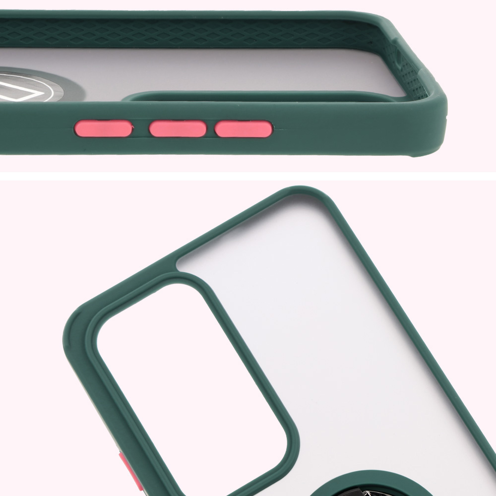 Zbliżenie na podwyższone krawędzie przy wyświetlaczu i wyspie aparatu w etui Bizon Hybrid Ring