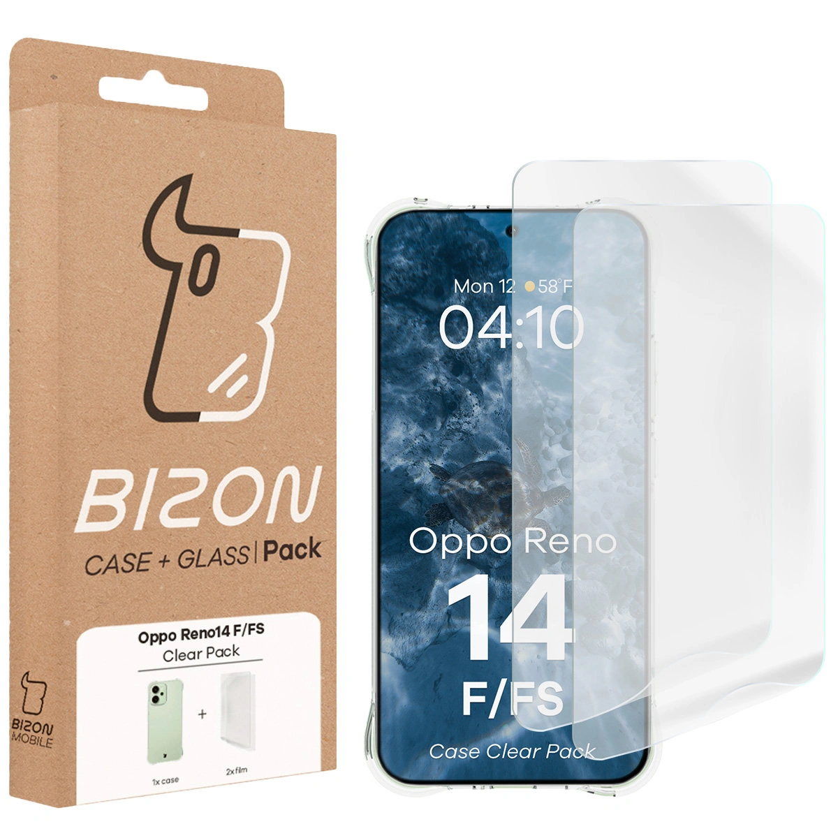 Przód pudełka Bizon Case+Glass z dedykowaną etykietą do Oppo Reno 14 F / Oppo Reno 14 FS