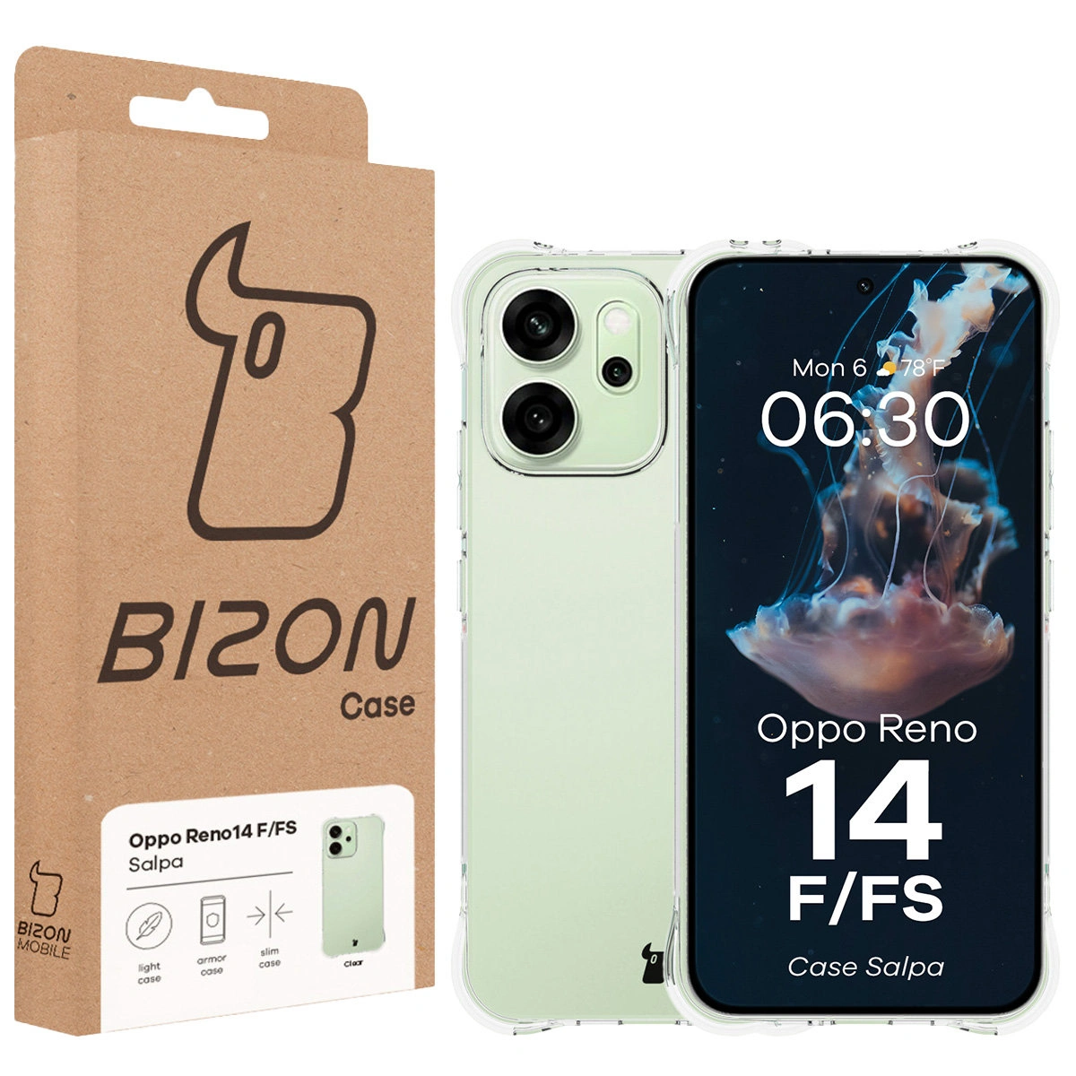 Front of the Bizon Case box with a dedicated label for Oppo Reno 14 F / Oppo Reno 14 FS