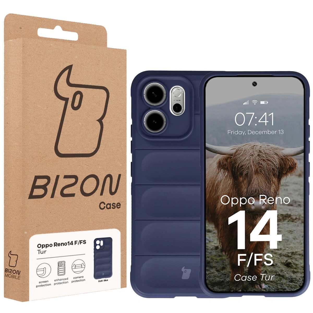 Vorderseite der Bizon Case Box mit dediziertem Etikett für Oppo Reno 14 F / Oppo Reno 14 FS