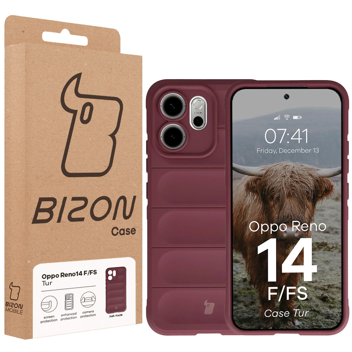 Vorderseite der Bizon Case Verpackung mit dediziertem Etikett für Oppo Reno 14 F / Oppo Reno 14 FS