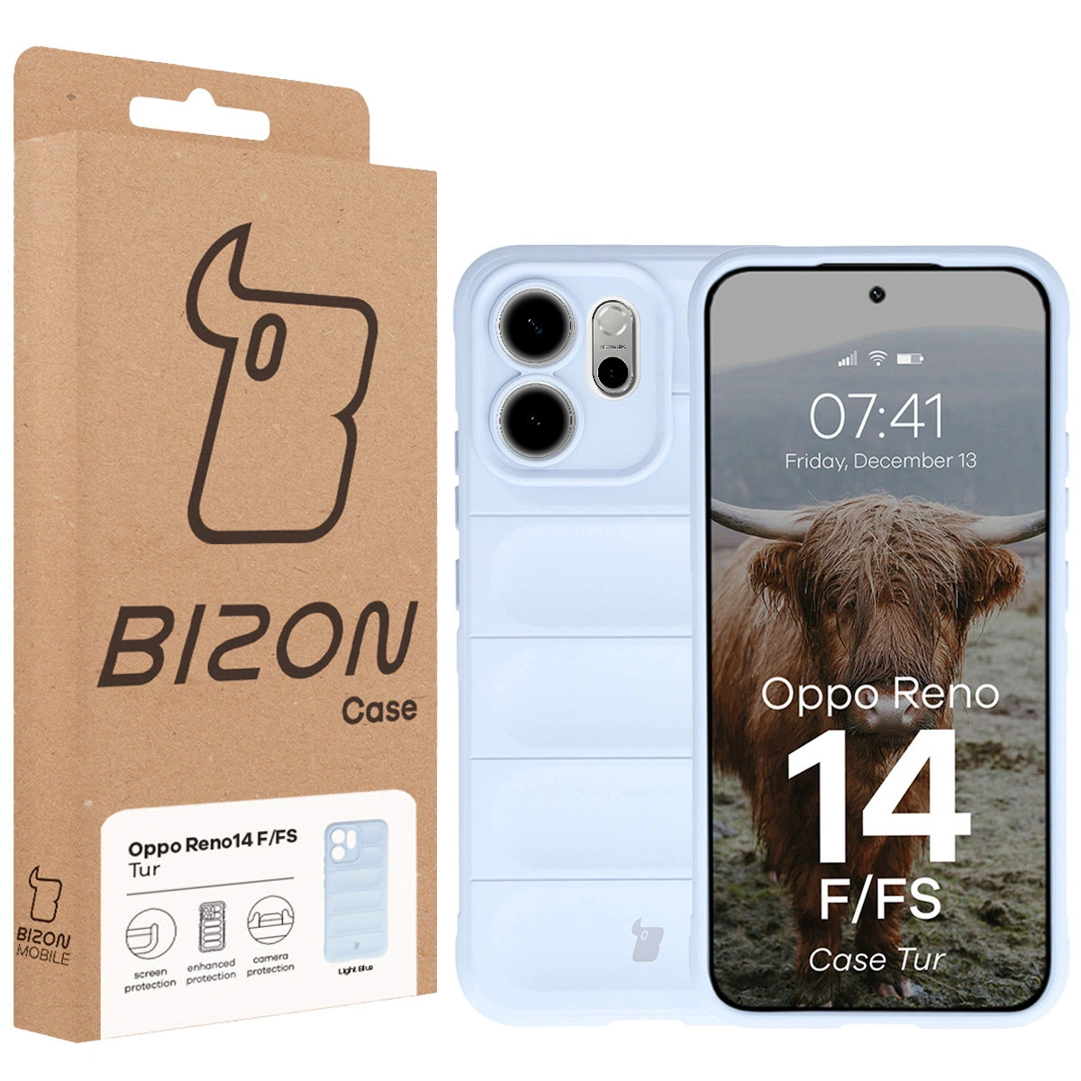 Front of the Bison Case box with dedicated label for Oppo Reno 14 F / Oppo Reno 14 FS