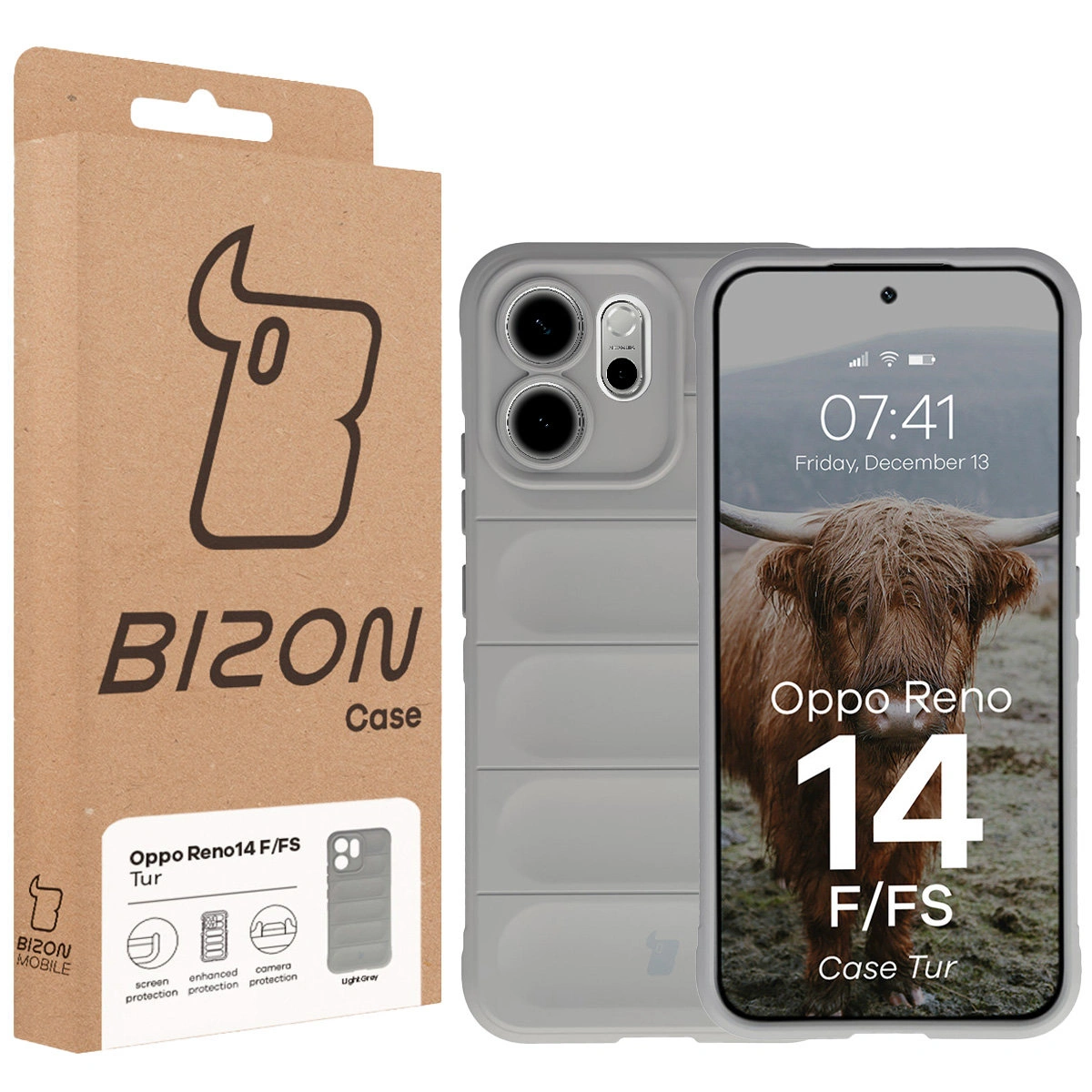 Front of the Bizon Case box with dedicated label for Oppo Reno 14 F / Oppo Reno 14 FS