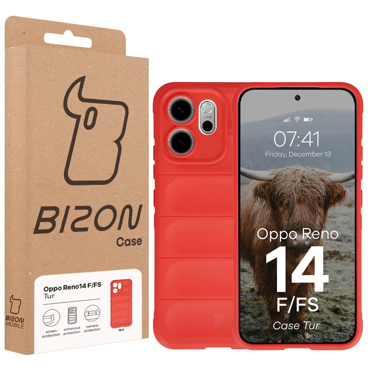 Front of the Bizon Case box with a dedicated label for Oppo Reno 14 F / Oppo Reno 14 FS