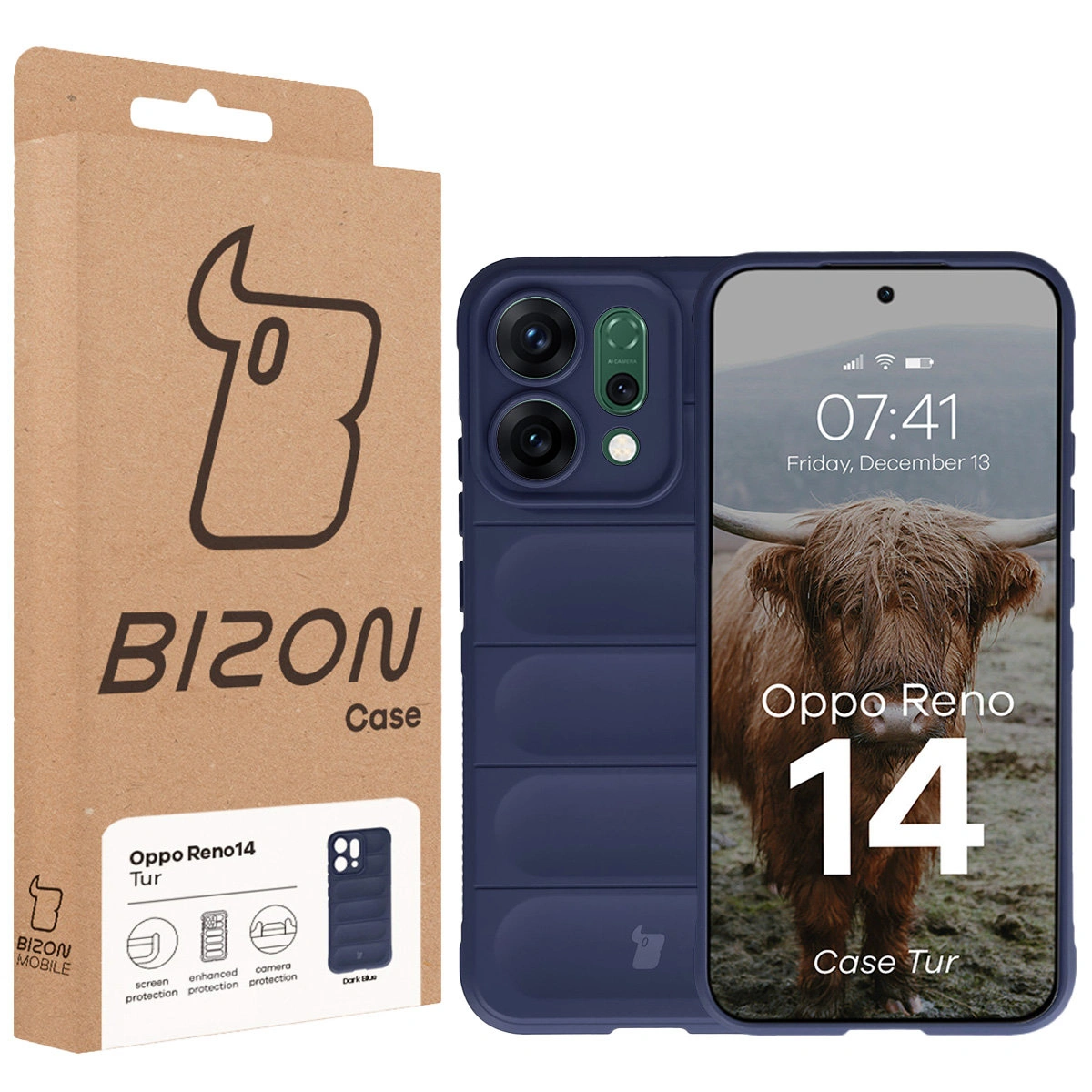 Front of the Bison Case box with a dedicated label for Oppo Reno 14