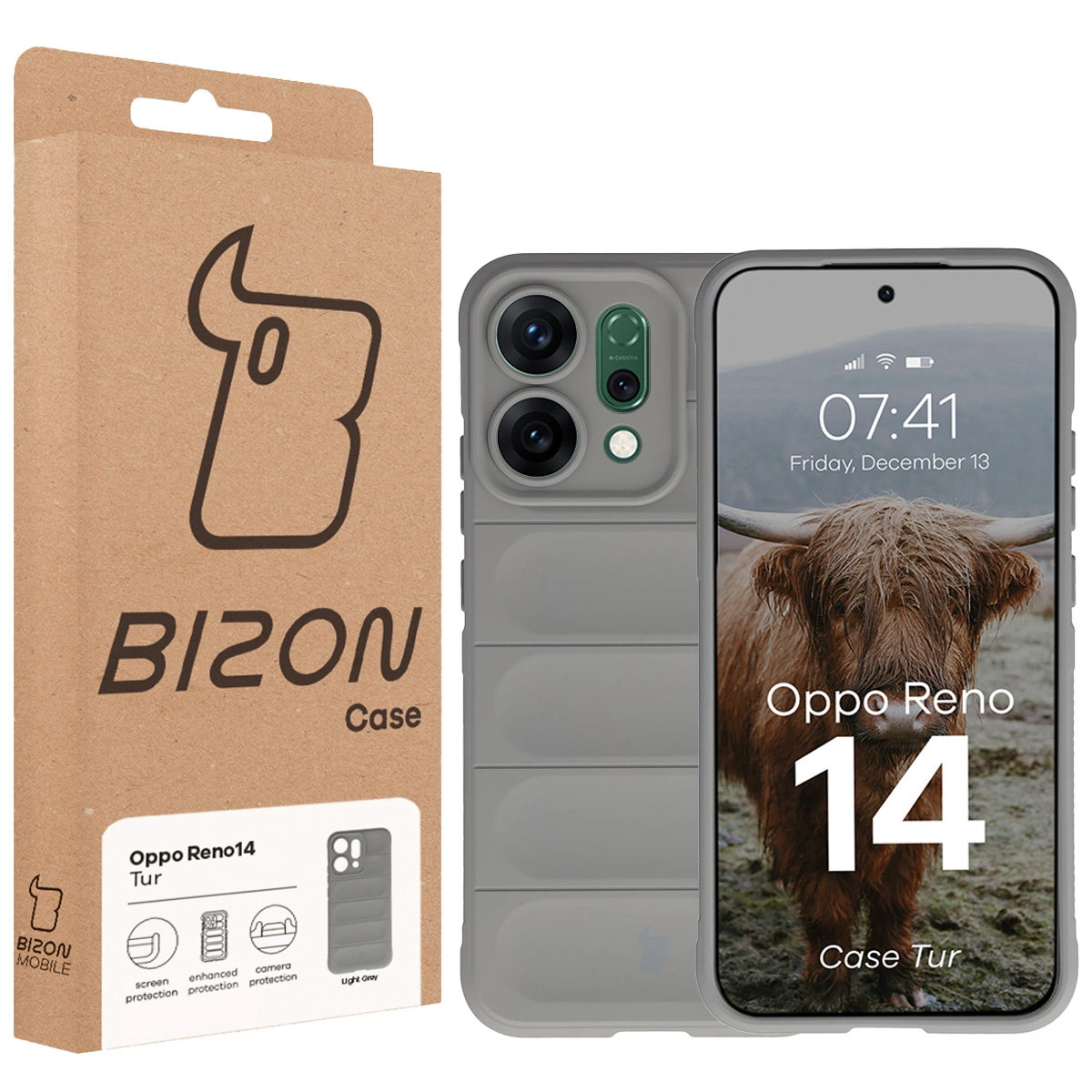 Front of the Bison Case box with a dedicated label for Oppo Reno 14