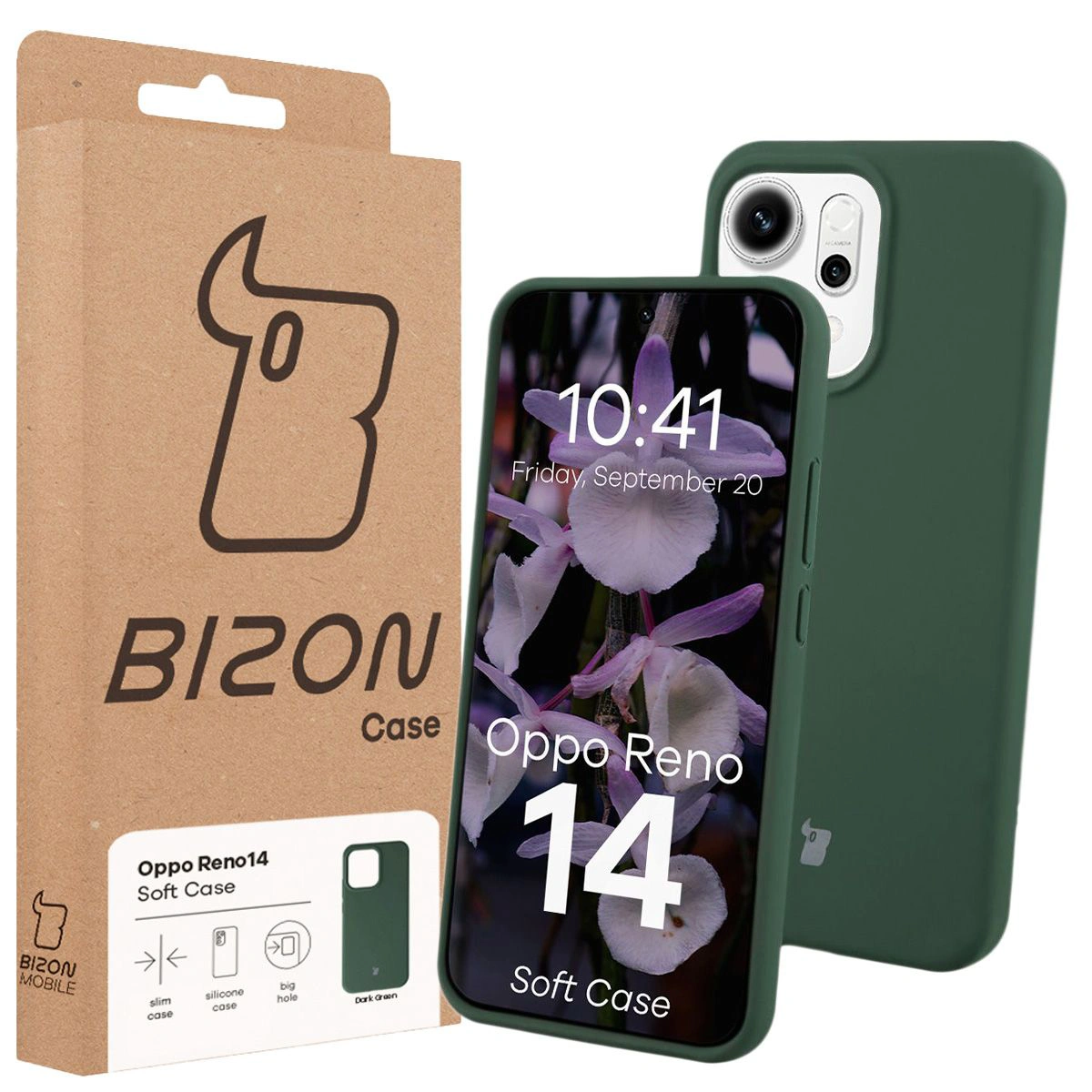 Front of the Bison Case box with a dedicated label for Oppo Reno 14