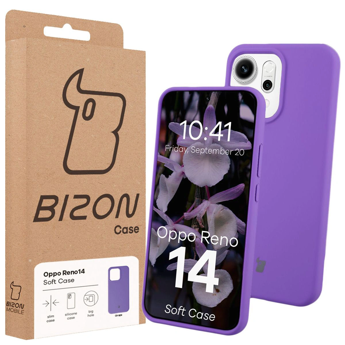 Front of the Bizon Case box with a dedicated label for Oppo Reno 14