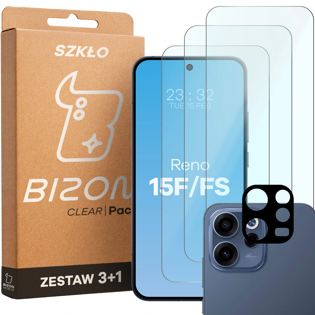 Pudełko i zestaw szkieł do Oppo Reno 15 F / Oppo Reno 15 FS: 3x szkło hartowane i lens