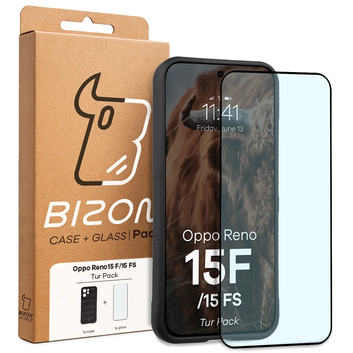 Fața cutiei Bizon Tur Pack cu eticheta dedicată pentru Oppo Reno 15 F / Oppo Reno 15 FS