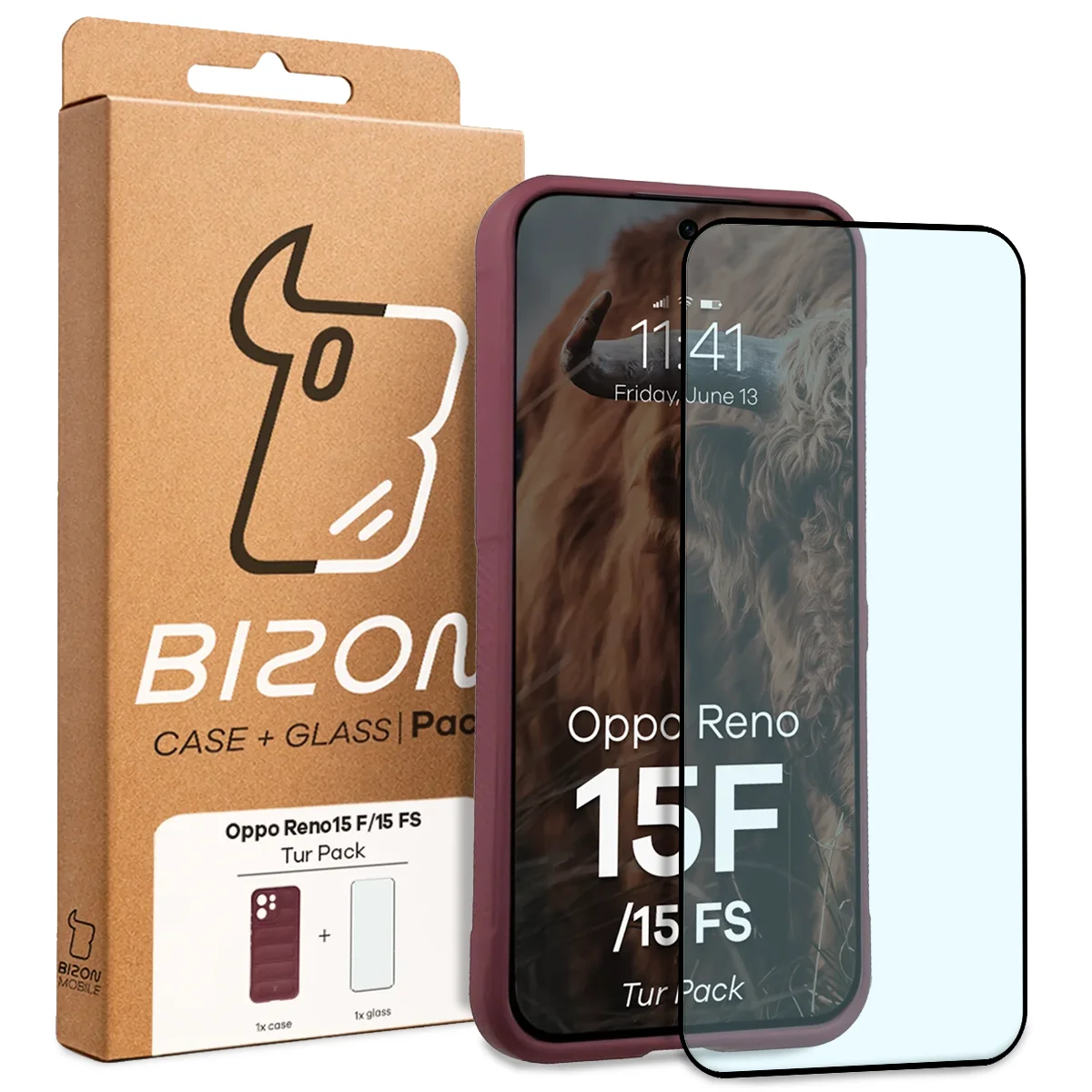 Front of the Bizon Tur Pack box with a dedicated label for Oppo Reno 15 F / Oppo Reno 15 FS