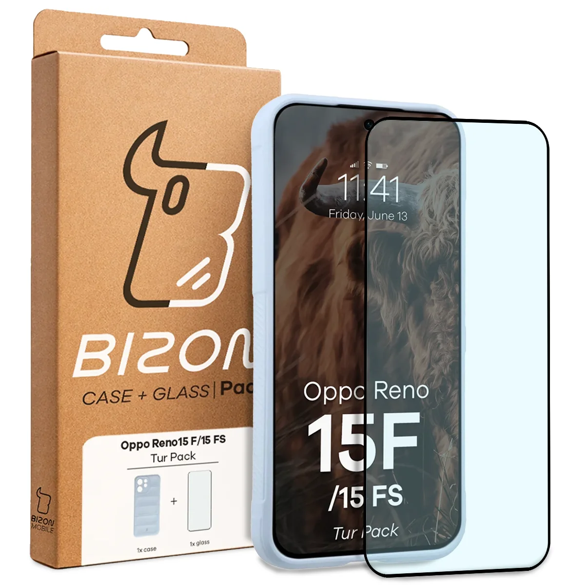 Front of the Bizon Tur Pack box with a dedicated label for Oppo Reno 15 F / Oppo Reno 15 FS