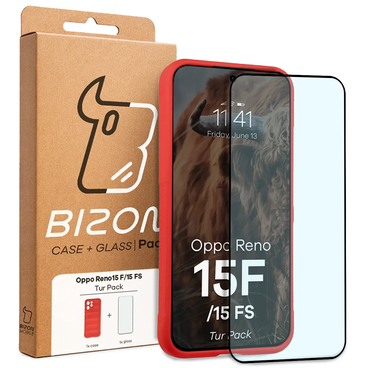 Front of the Bizon Tur Pack box with a dedicated label for Oppo Reno 15 F / Oppo Reno 15 FS