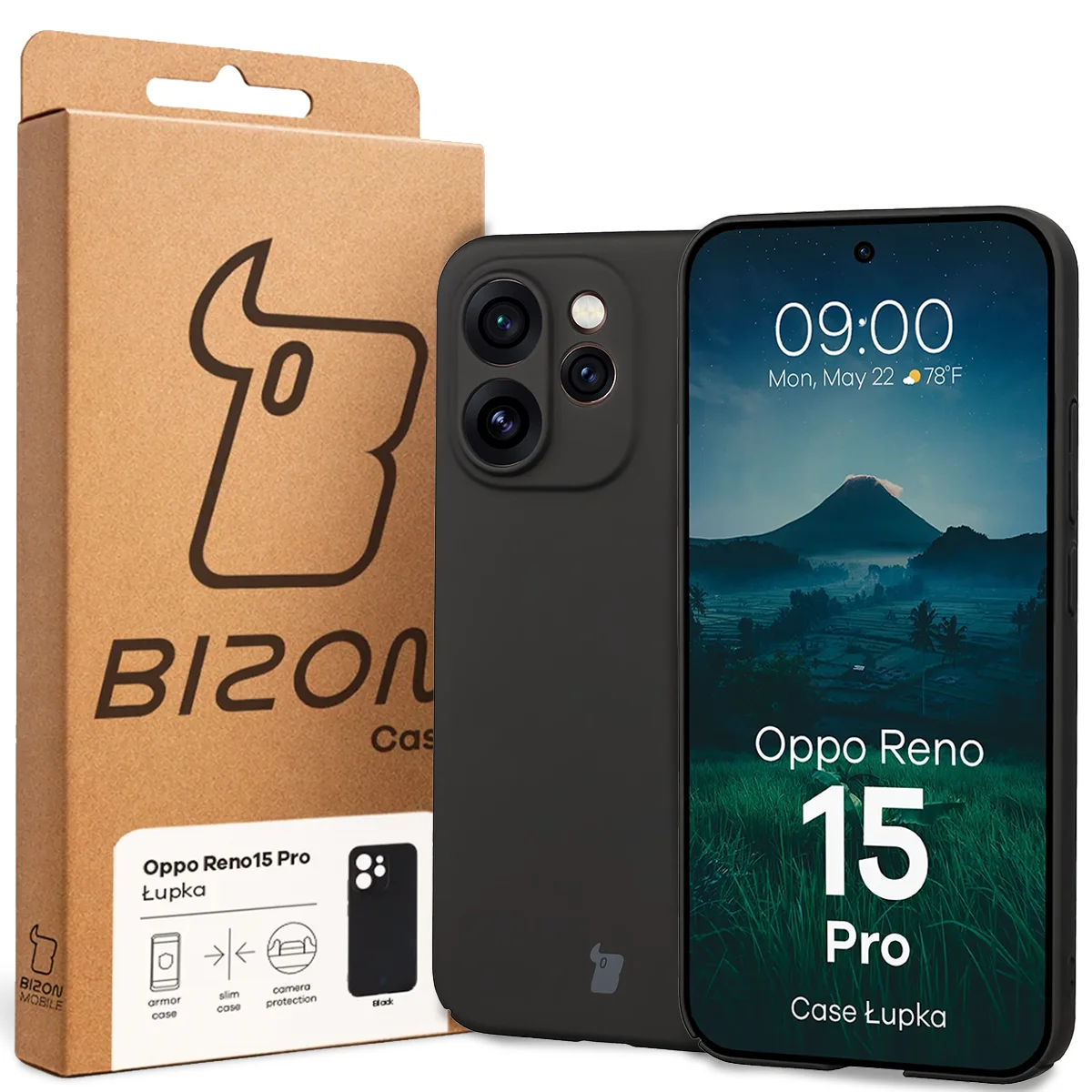 Przód pudełka Bizon Case z dedykowaną etykietą do Oppo Reno 15 Pro