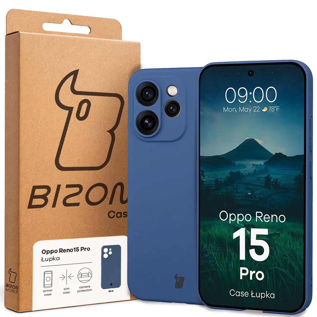 Przód pudełka Bizon Case z dedykowaną etykietą do Oppo Reno 15 Pro