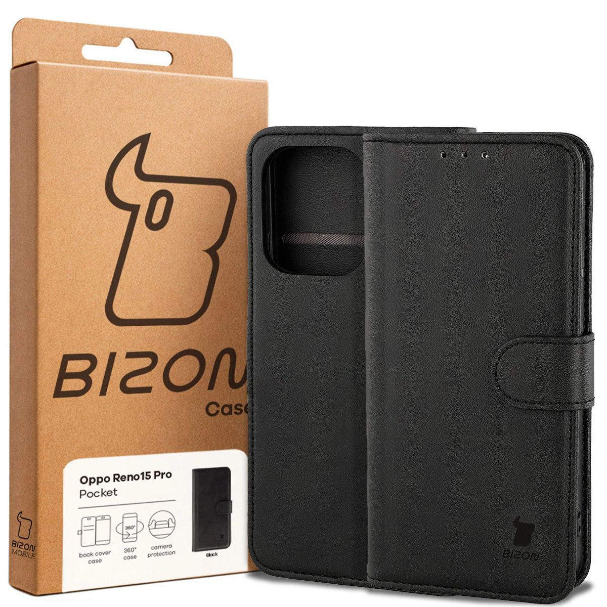 Vorderseite der Bison Case-Box mit dediziertem Etikett für Oppo Reno 15 Pro