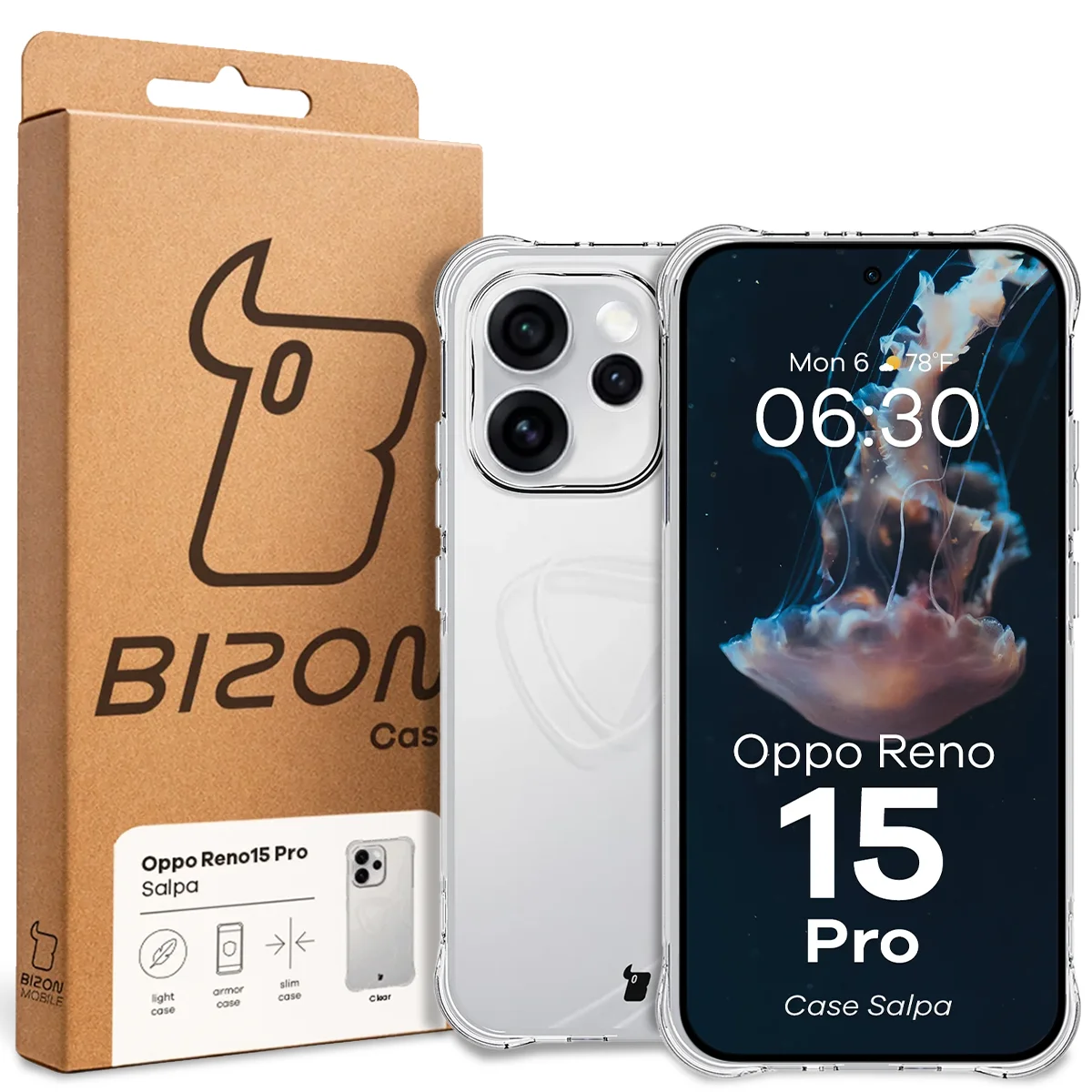 Front of the Bizon Case box with a dedicated label for Oppo Reno 15 Pro