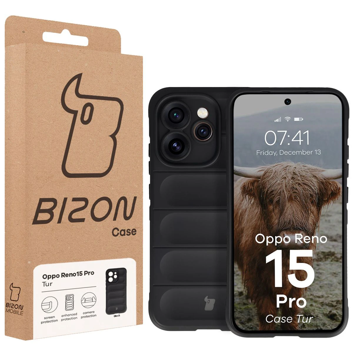 Przód pudełka Bizon Case z dedykowaną etykietą do Oppo Reno 15 Pro