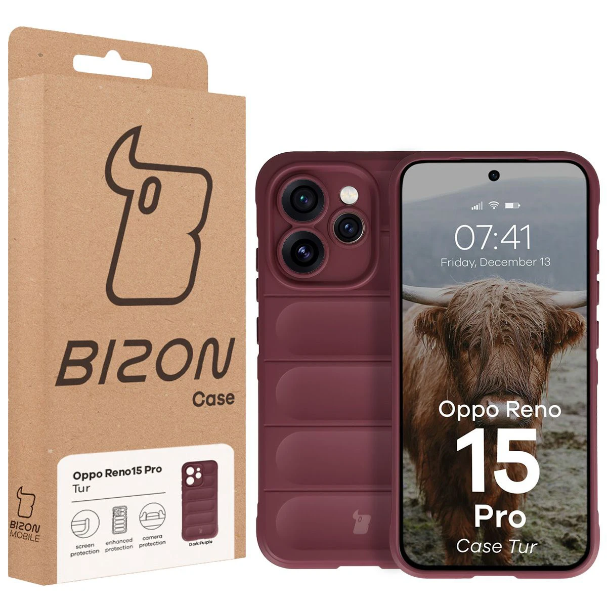 Przód pudełka Bizon Case z dedykowaną etykietą do Oppo Reno 15 Pro