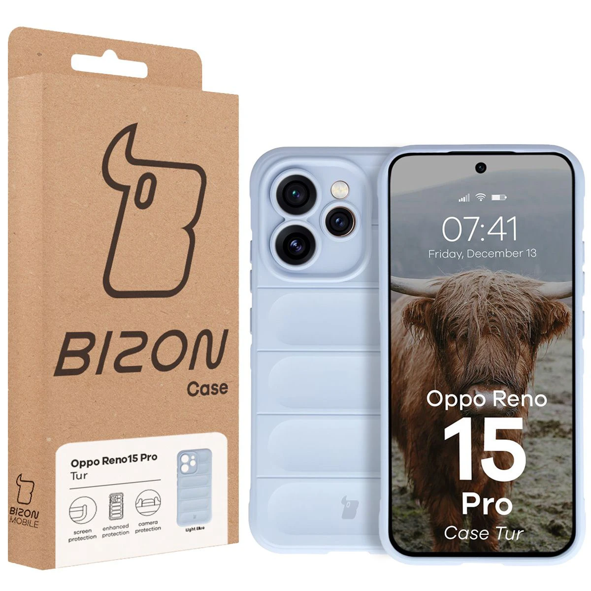 Fața cutiei Bizon Case cu eticheta dedicată pentru Oppo Reno 15 Pro