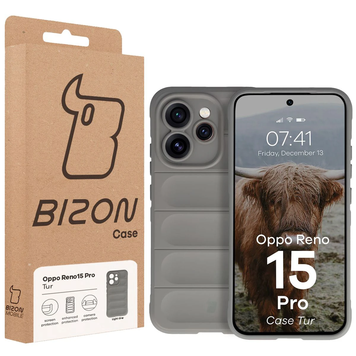 Front of the Bizon Case box with a dedicated label for Oppo Reno 15 Pro
