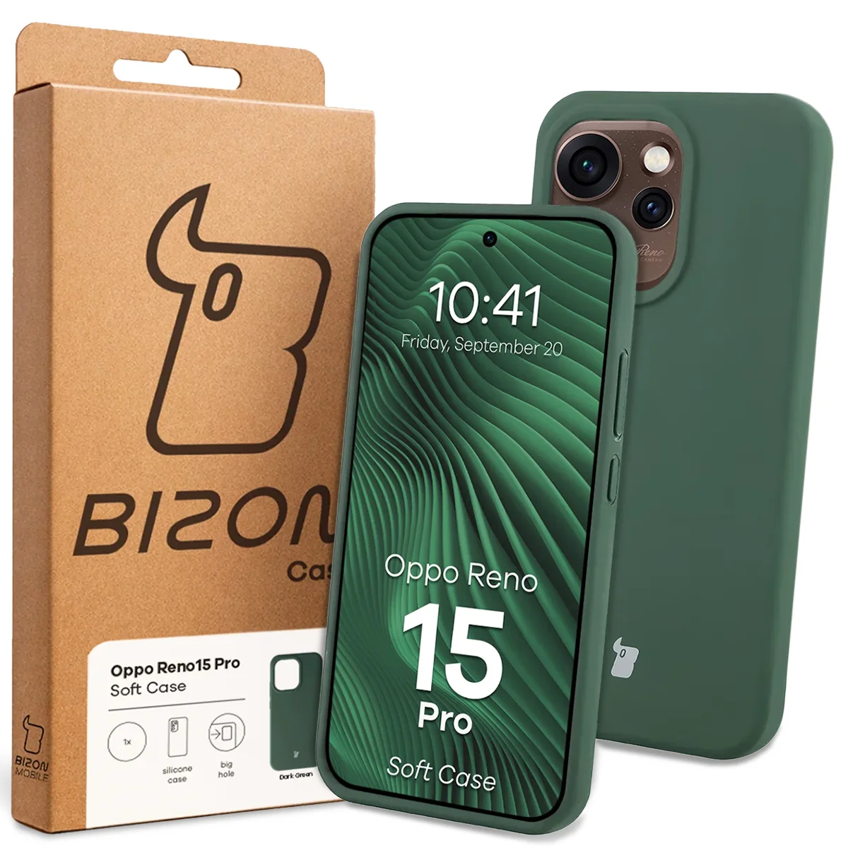 Przód pudełka Bizon Case z dedykowaną etykietą do Oppo Reno 15 Pro