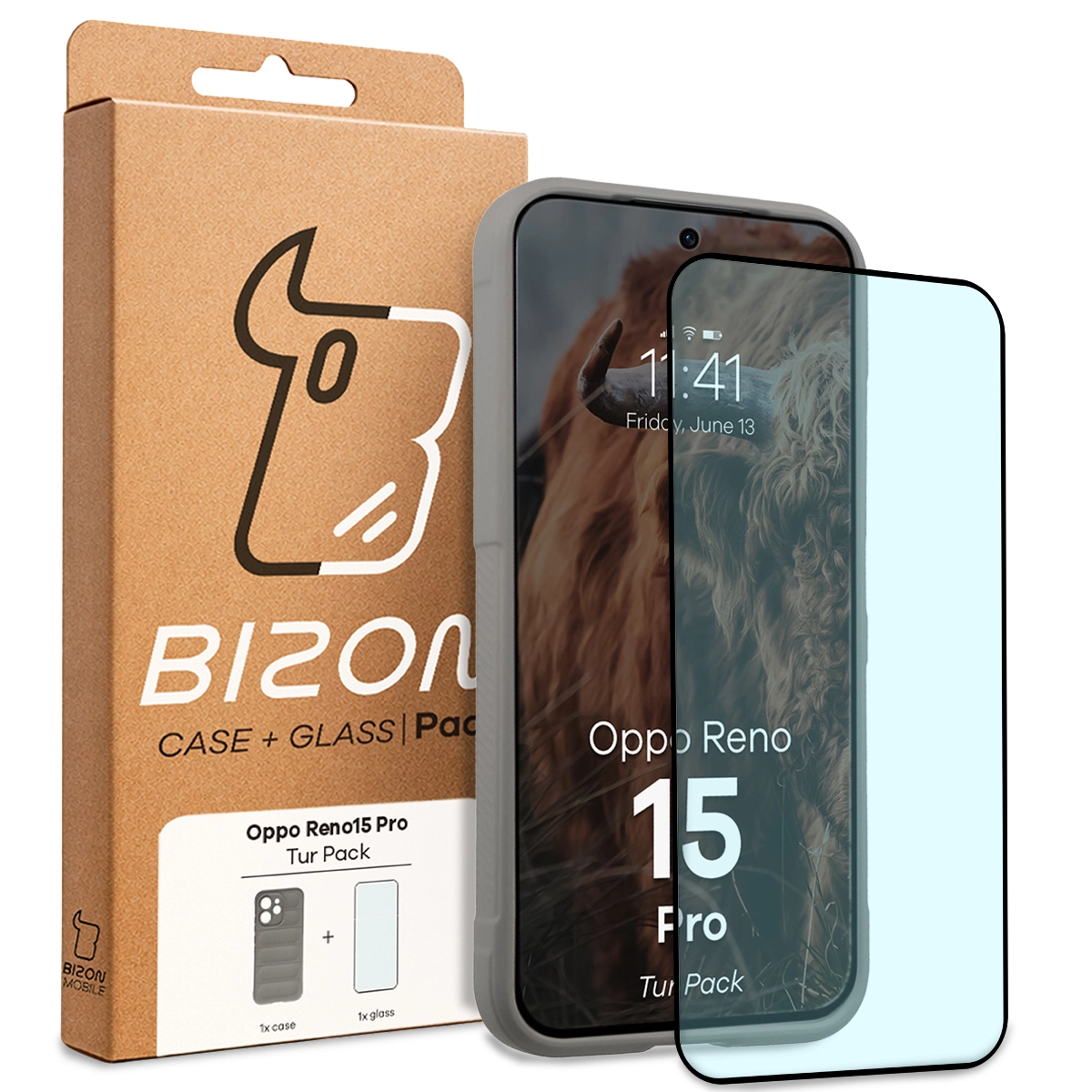 Przód pudełka Bizon Tur Pack z dedykowaną etykietą do Oppo Reno 15 Pro