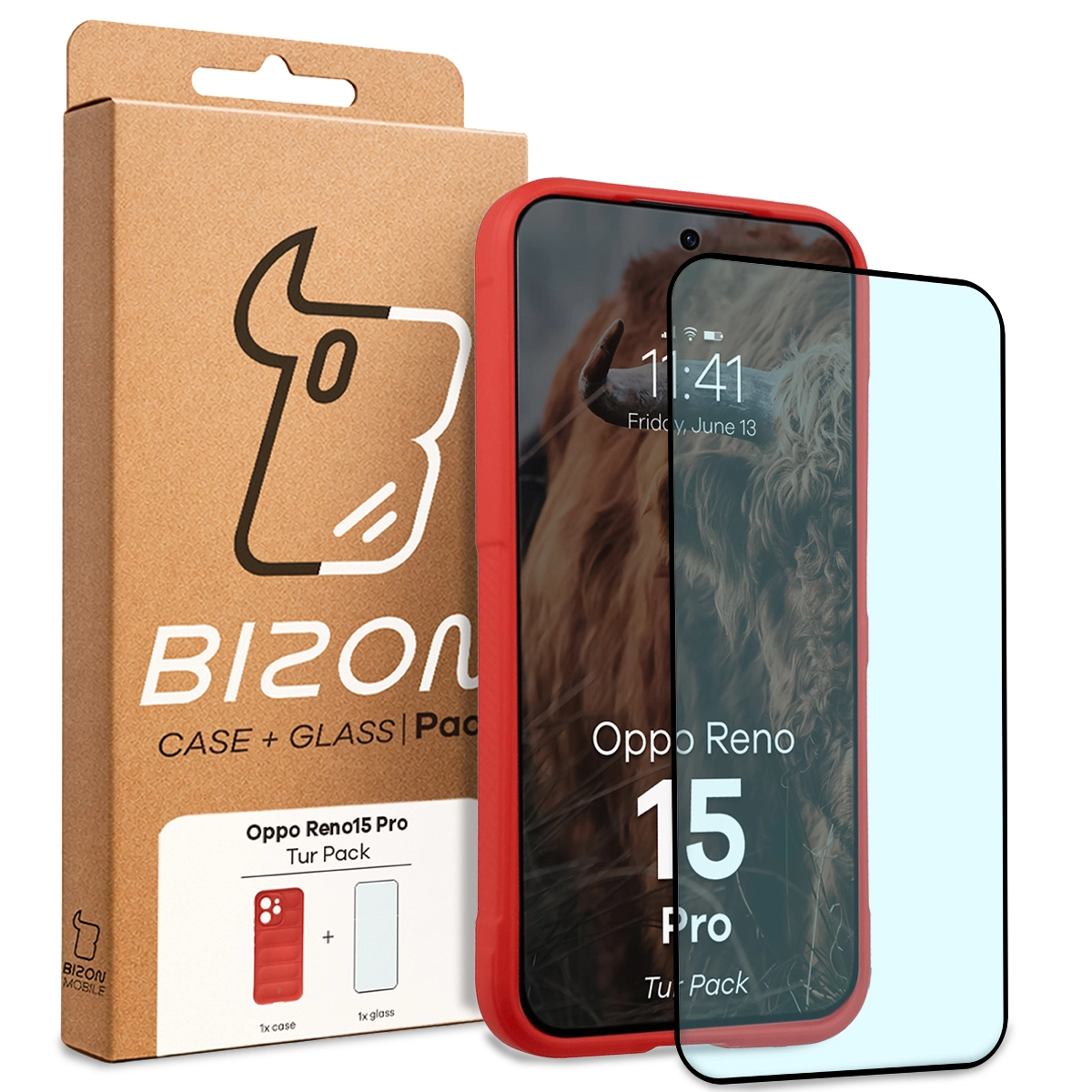 Przód pudełka Bizon Tur Pack z dedykowaną etykietą do Oppo Reno 15 Pro