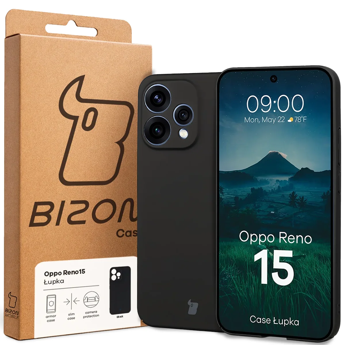 Przód pudełka Bizon Case z dedykowaną etykietą do Oppo Reno 15