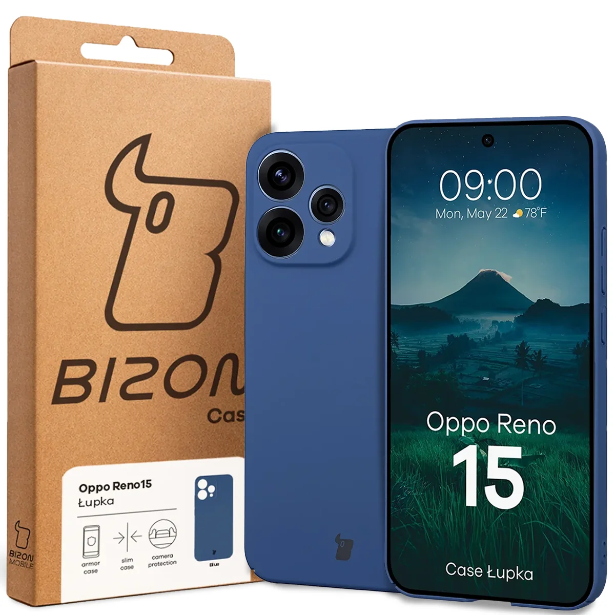 Przód pudełka Bizon Case z dedykowaną etykietą do Oppo Reno 15