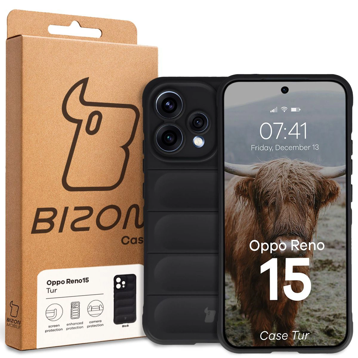 A Bizon Case dobozának eleje a dedikált címkével az Oppo Reno 15 számára