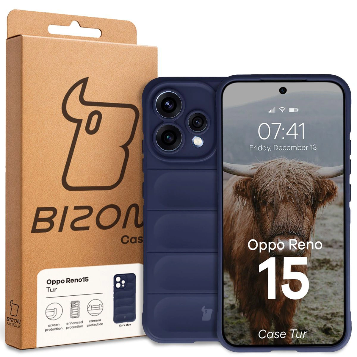 A Bizon Case dobozának eleje dedikált címkével az Oppo Reno 15-hoz