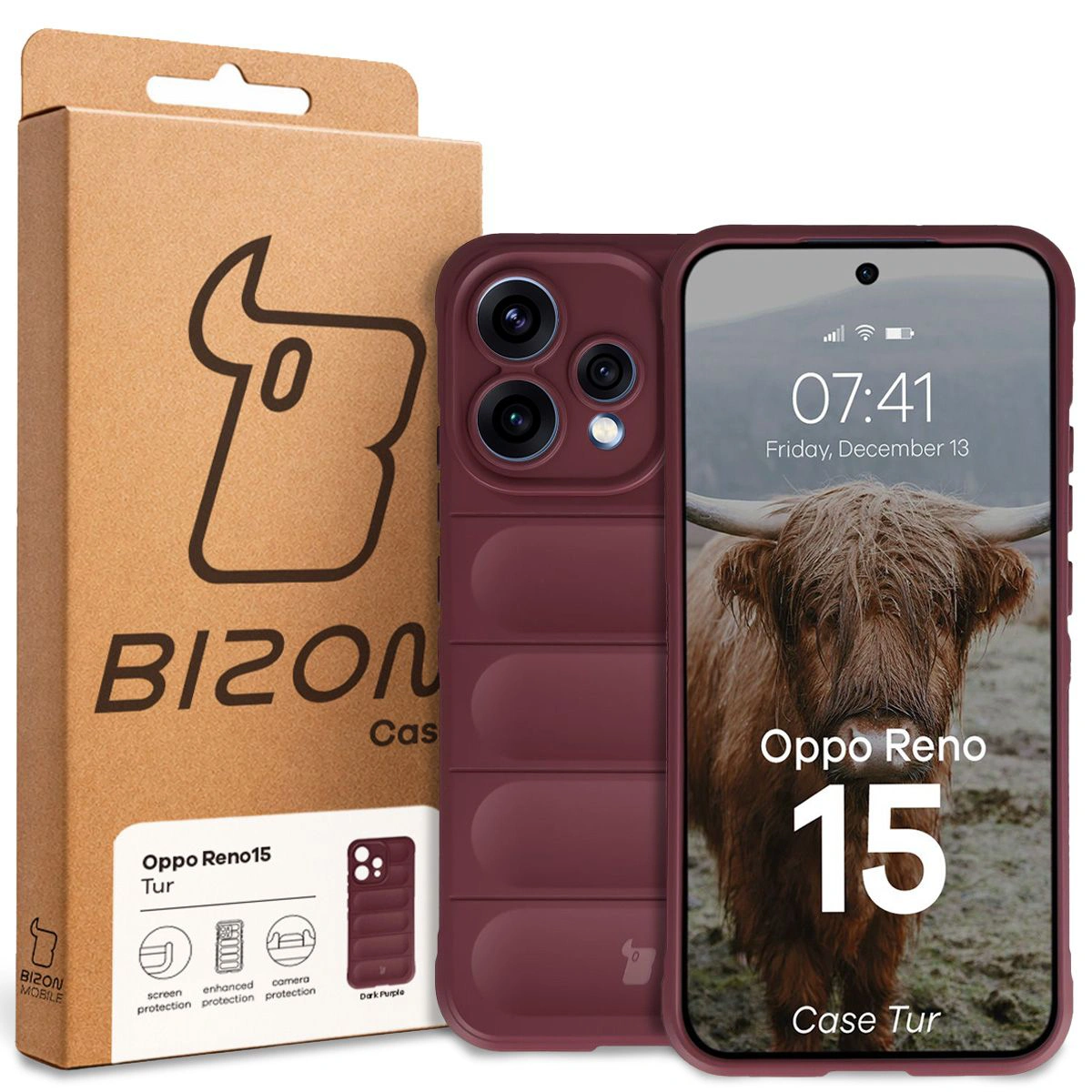 Front of the Bison Case box with dedicated label for Oppo Reno 15