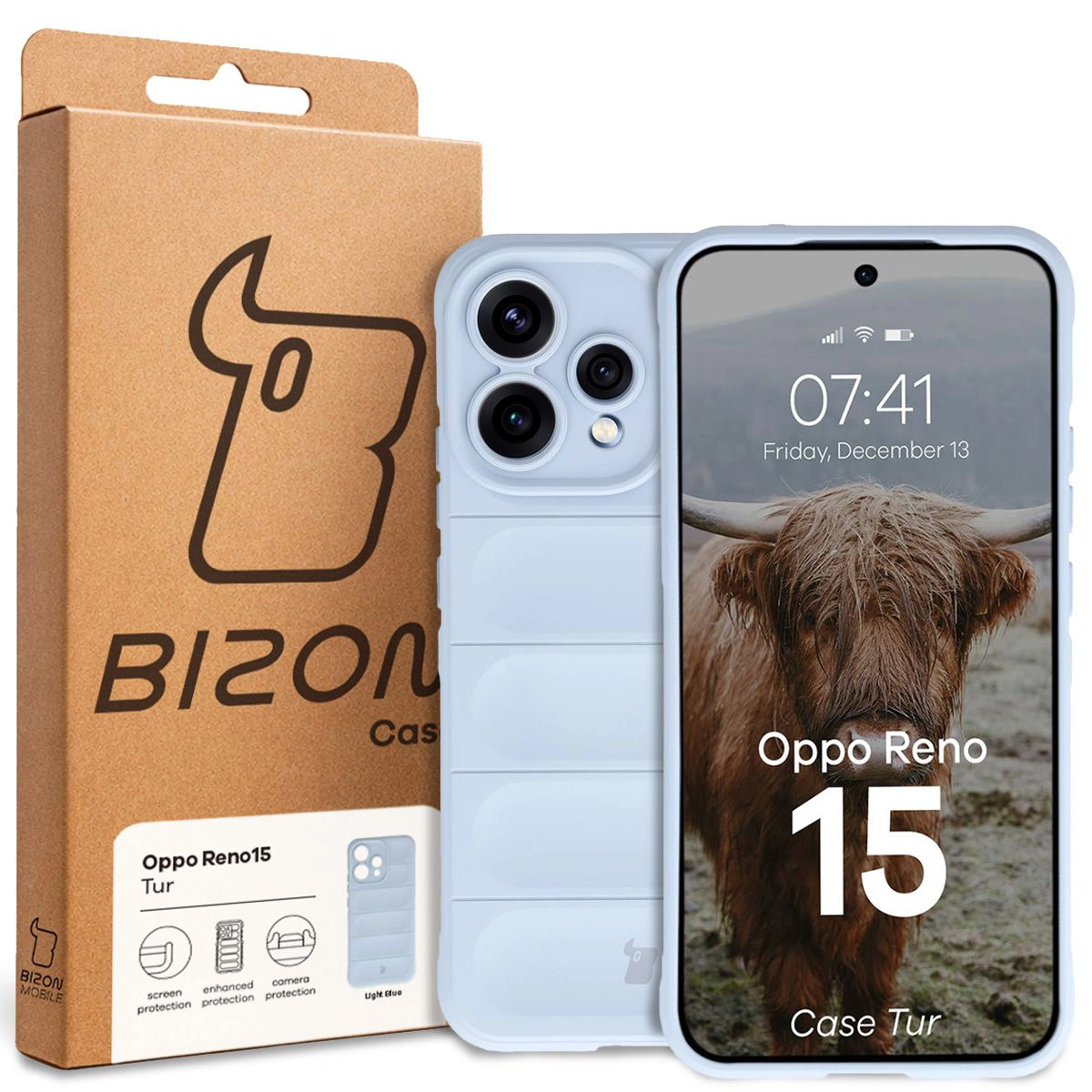 Front of the Bison Case box with a dedicated label for Oppo Reno 15