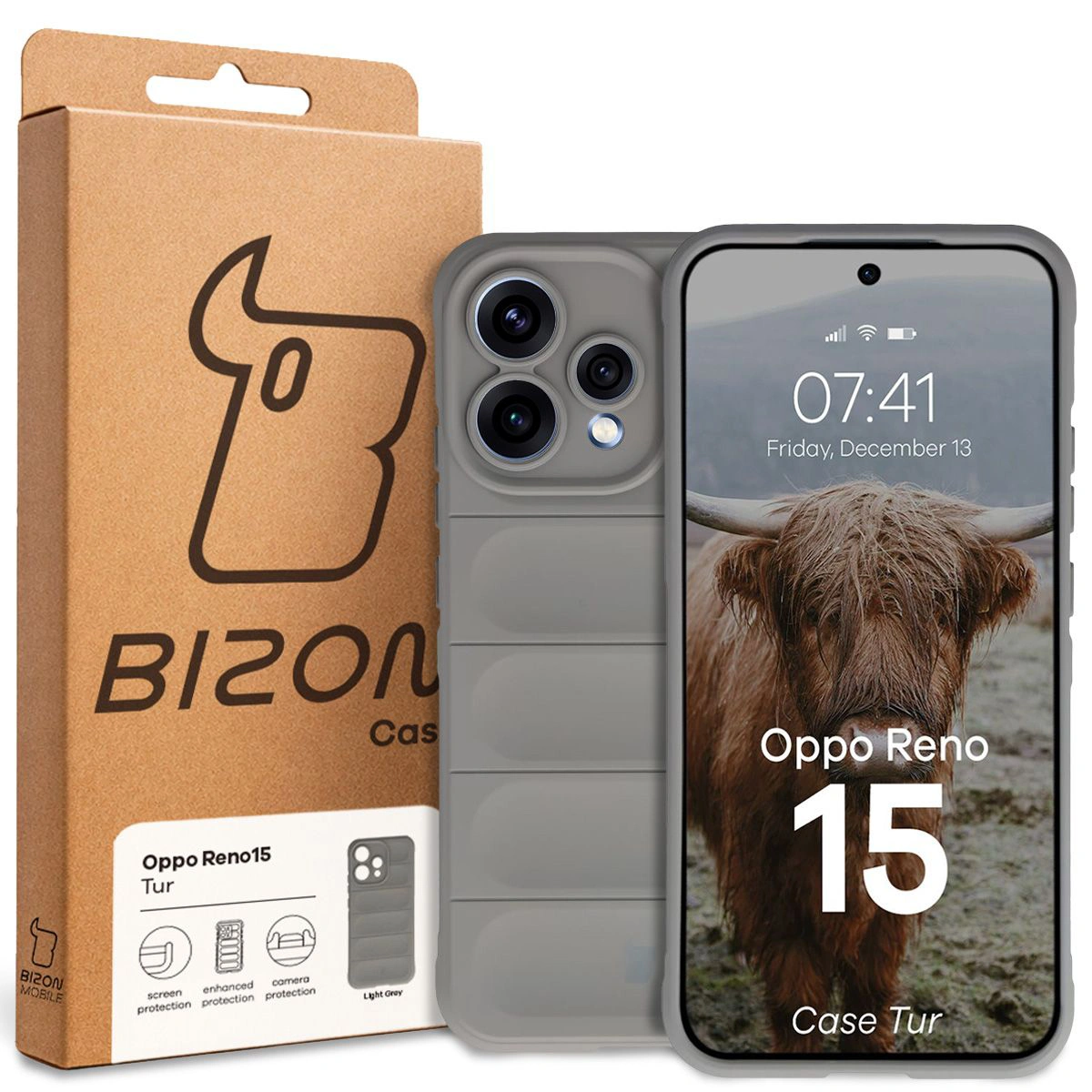 Front of the Bison Case box with dedicated label for Oppo Reno 15