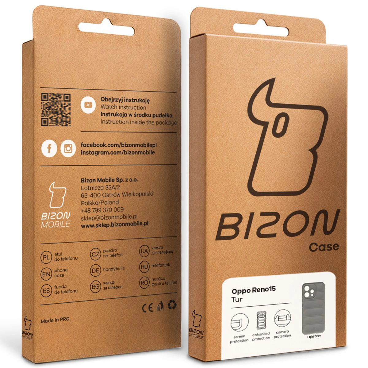 Kraft cardboard box for Bison Case with dedicated label for Oppo Reno 15