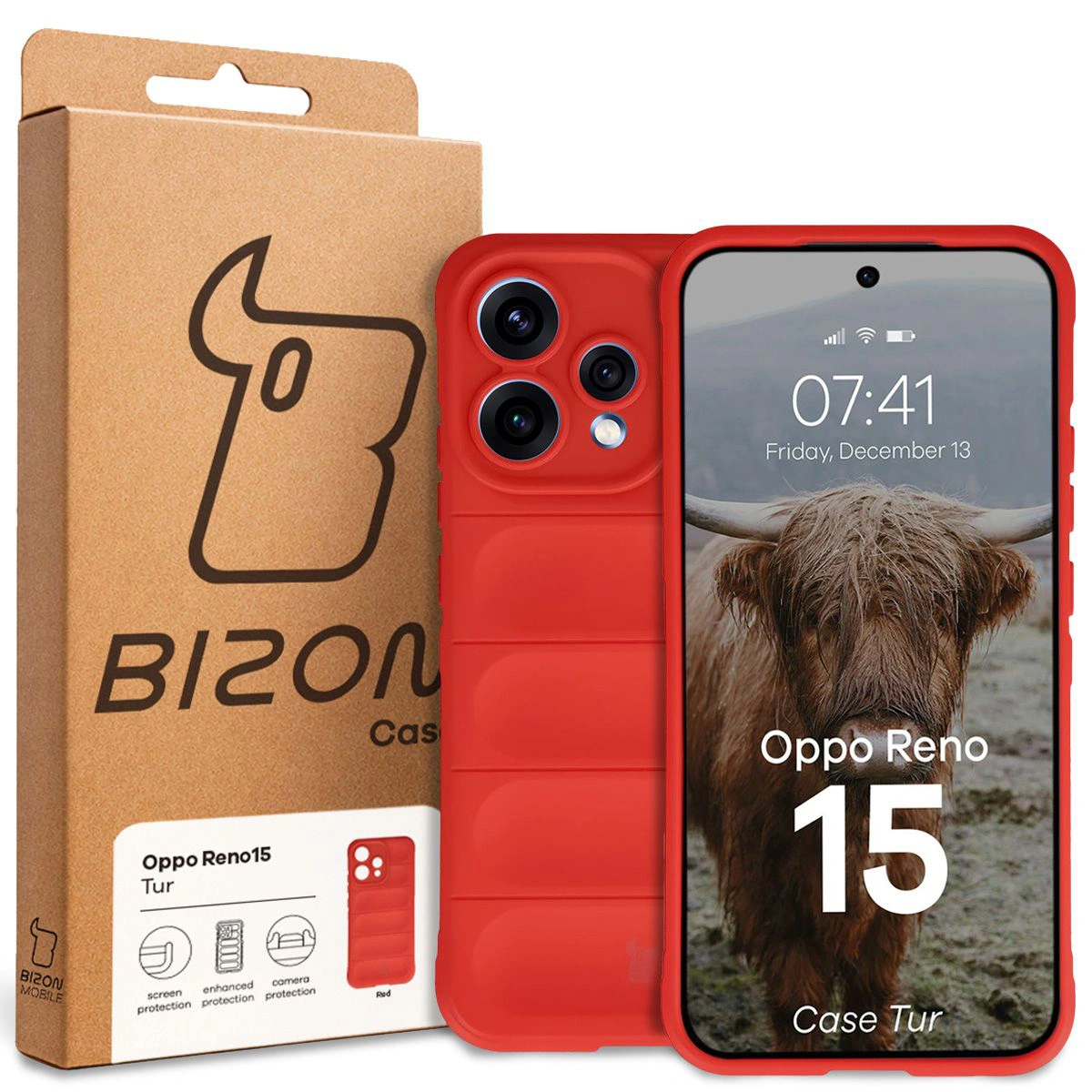 Front of the Bizon Case box with a dedicated label for Oppo Reno 15