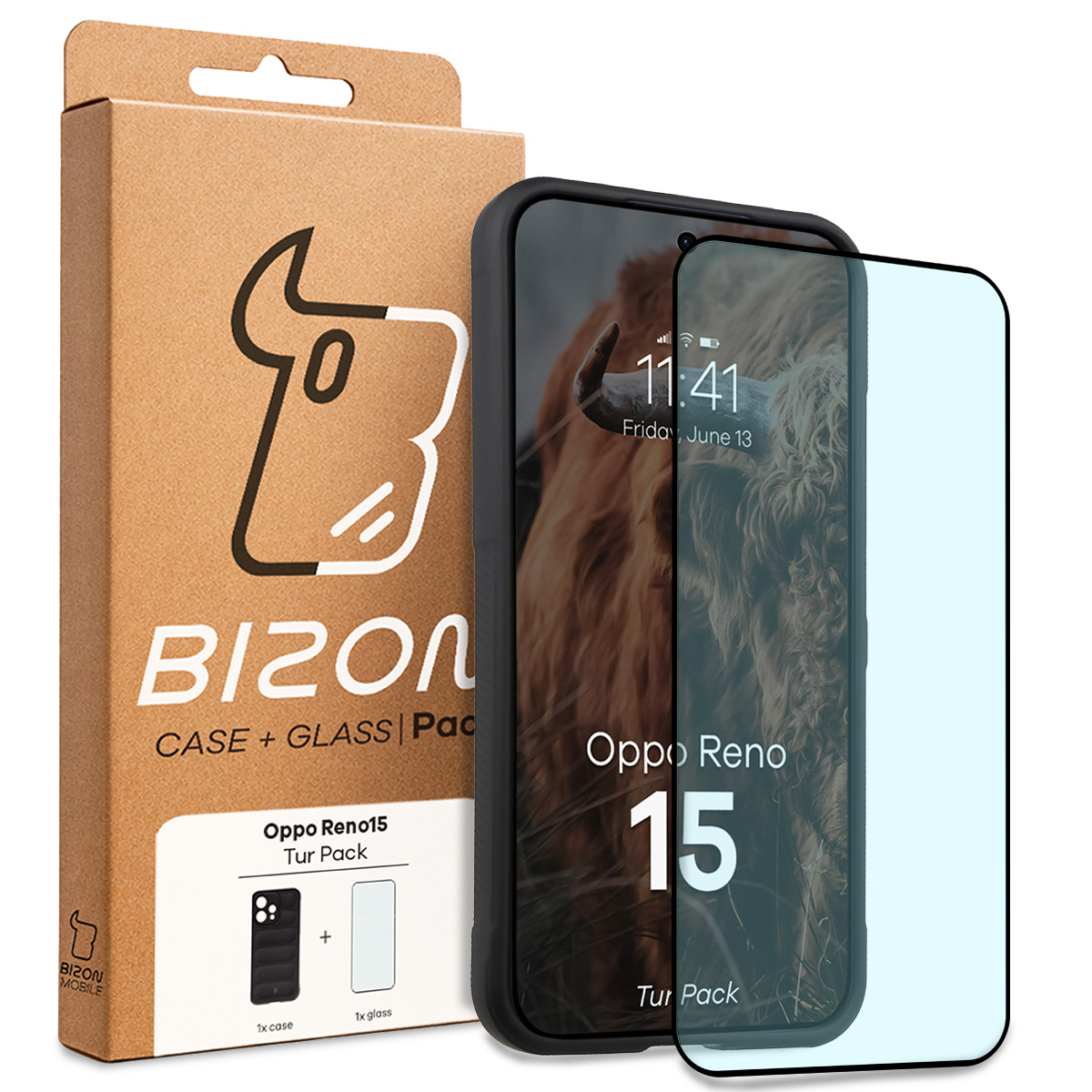 Przód pudełka Bizon Tur Pack z dedykowaną etykietą do Oppo Reno 15