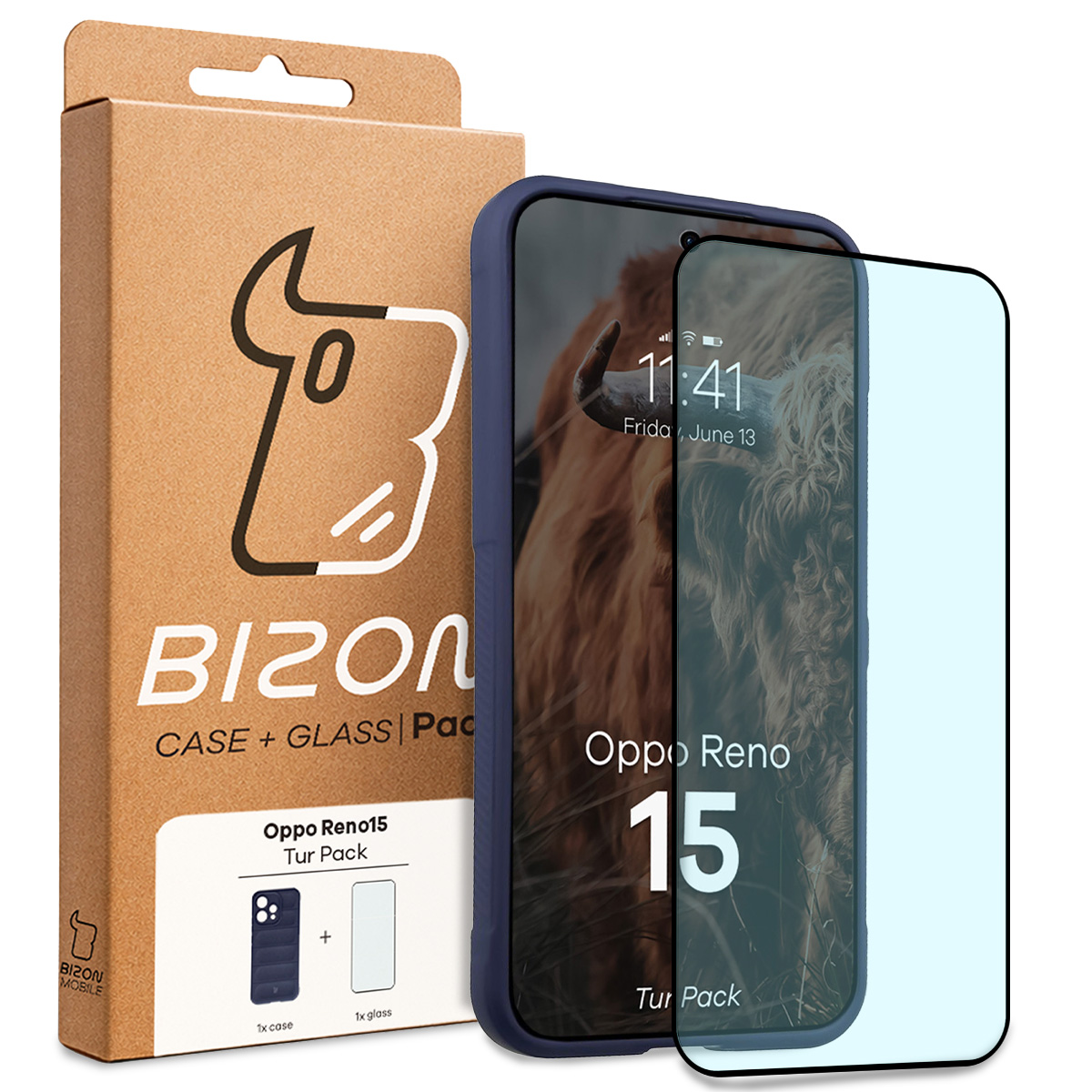 Przód pudełka Bizon Tur Pack z dedykowaną etykietą do Oppo Reno 15