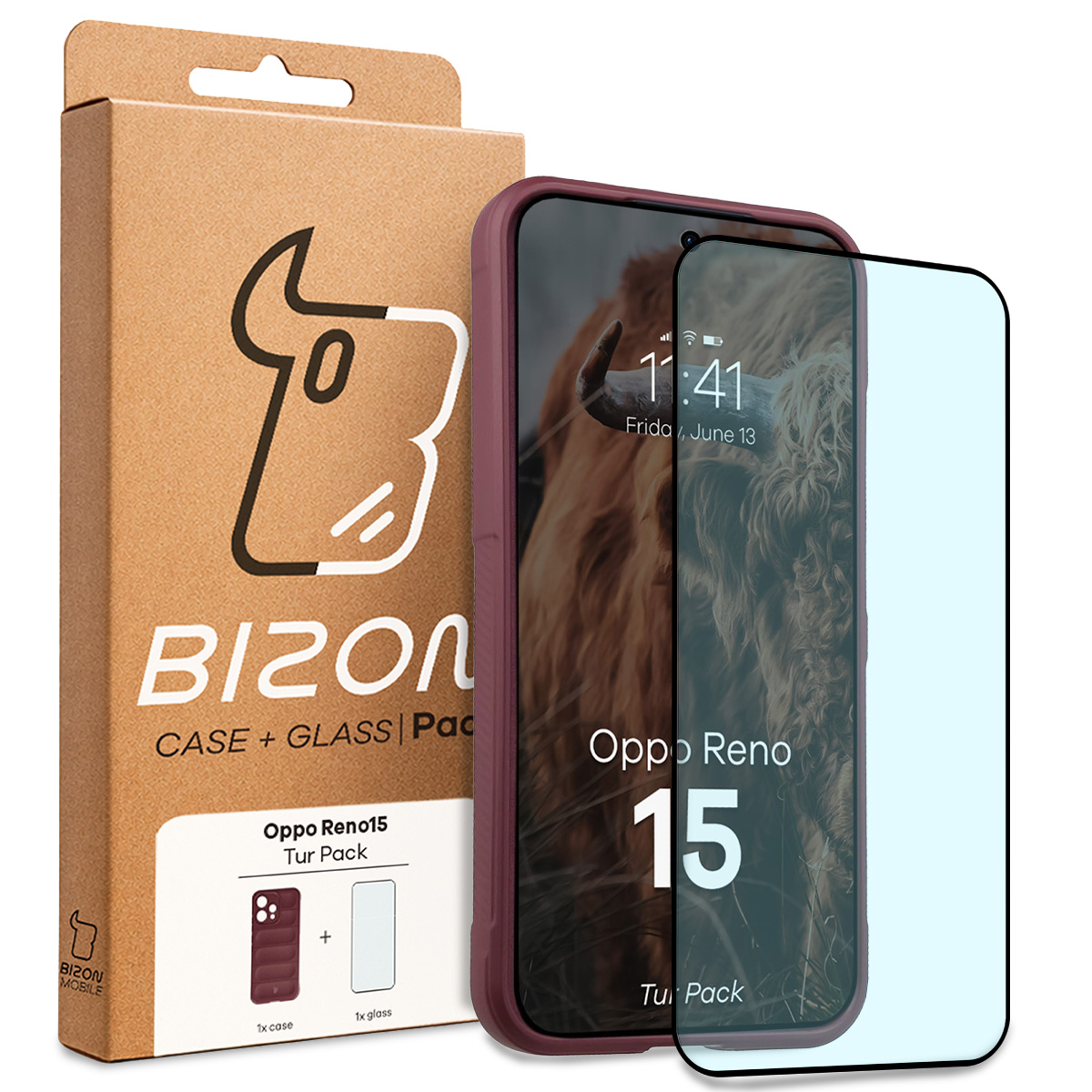 Przód pudełka Bizon Tur Pack z dedykowaną etykietą do Oppo Reno 15